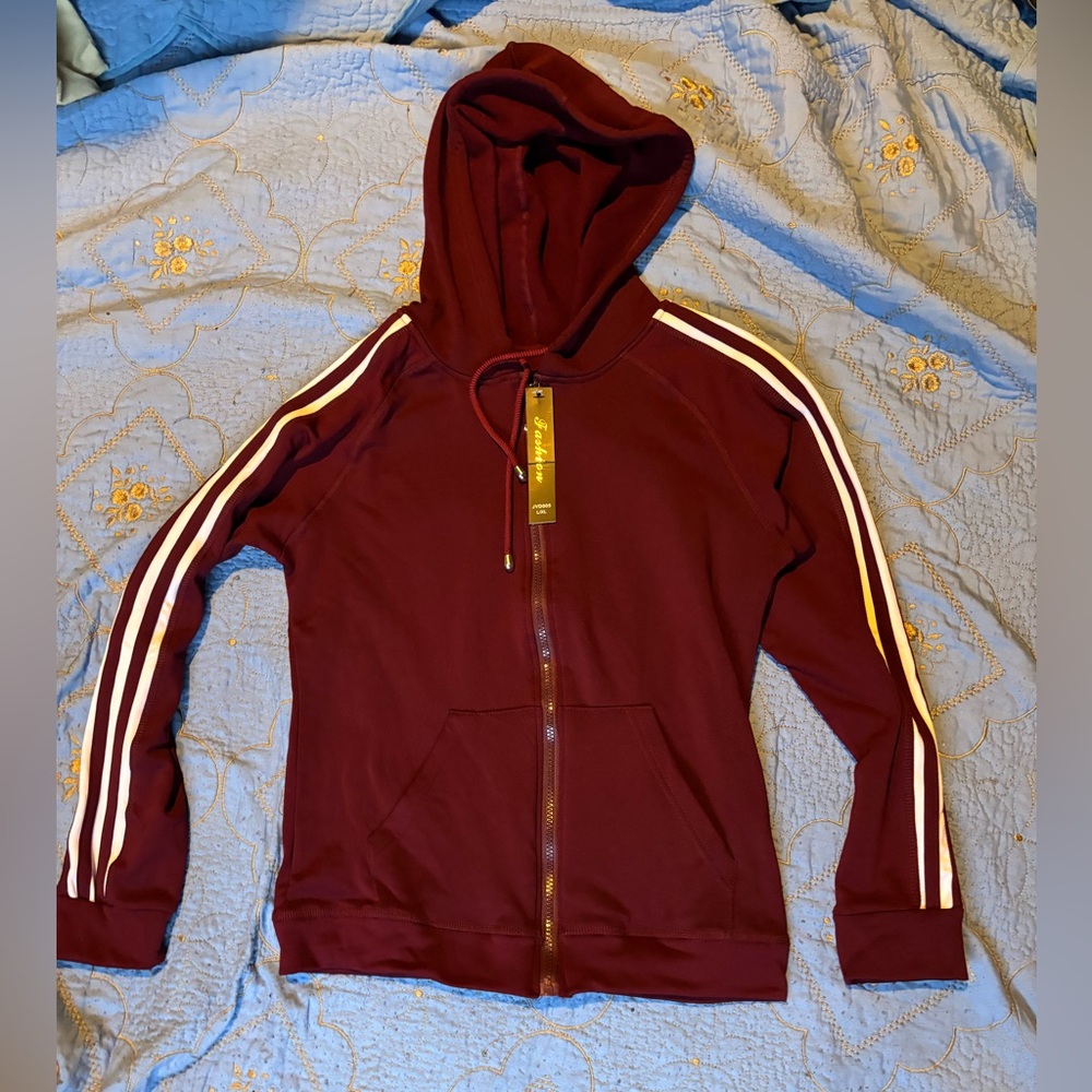 Burgundy Zip-Up Hoodie with White Stripes